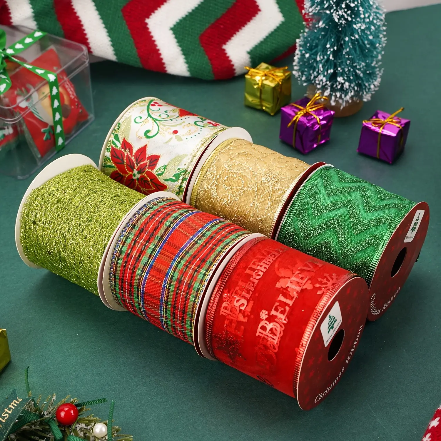 2.5 Inch x 36 Yards (6 Rolls) Christmas Plaid Ribbon Set, Wired Edge Assorted Red Green Plaid Ribbons for Gift Wrapping, Wreaths, Crafts, Fall Thanksgiving & Christmas Tree Decor