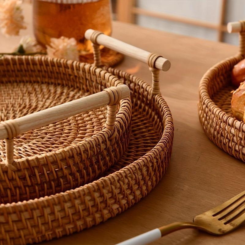 Round Rattan Storage Round Tray, 1/3 Counts  Boho Style Tea Tray with Handle, Fruit Plate, Bread Snack Basket, Home Organizer for Kitchen Dining Room, Decor