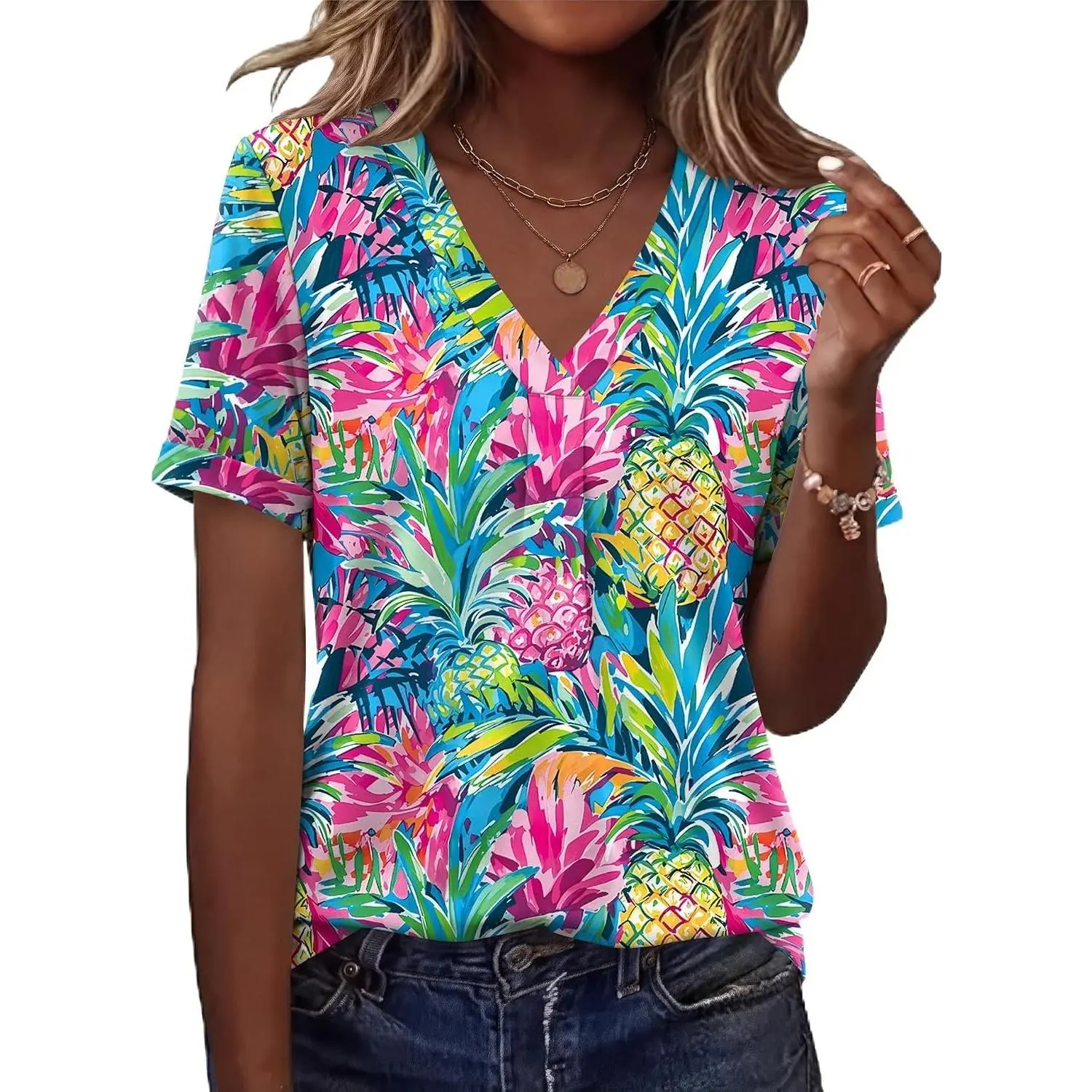 Women's Short Sleeve V Neck Business Casual Tunic Top Spring Fashion 2026(Gift)