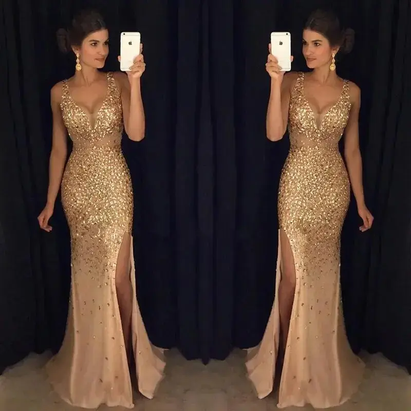 2025Women'sFashionLongDressSpaghettiStrapV-neckSlitGoldSequinGownDressFormalWomenswear