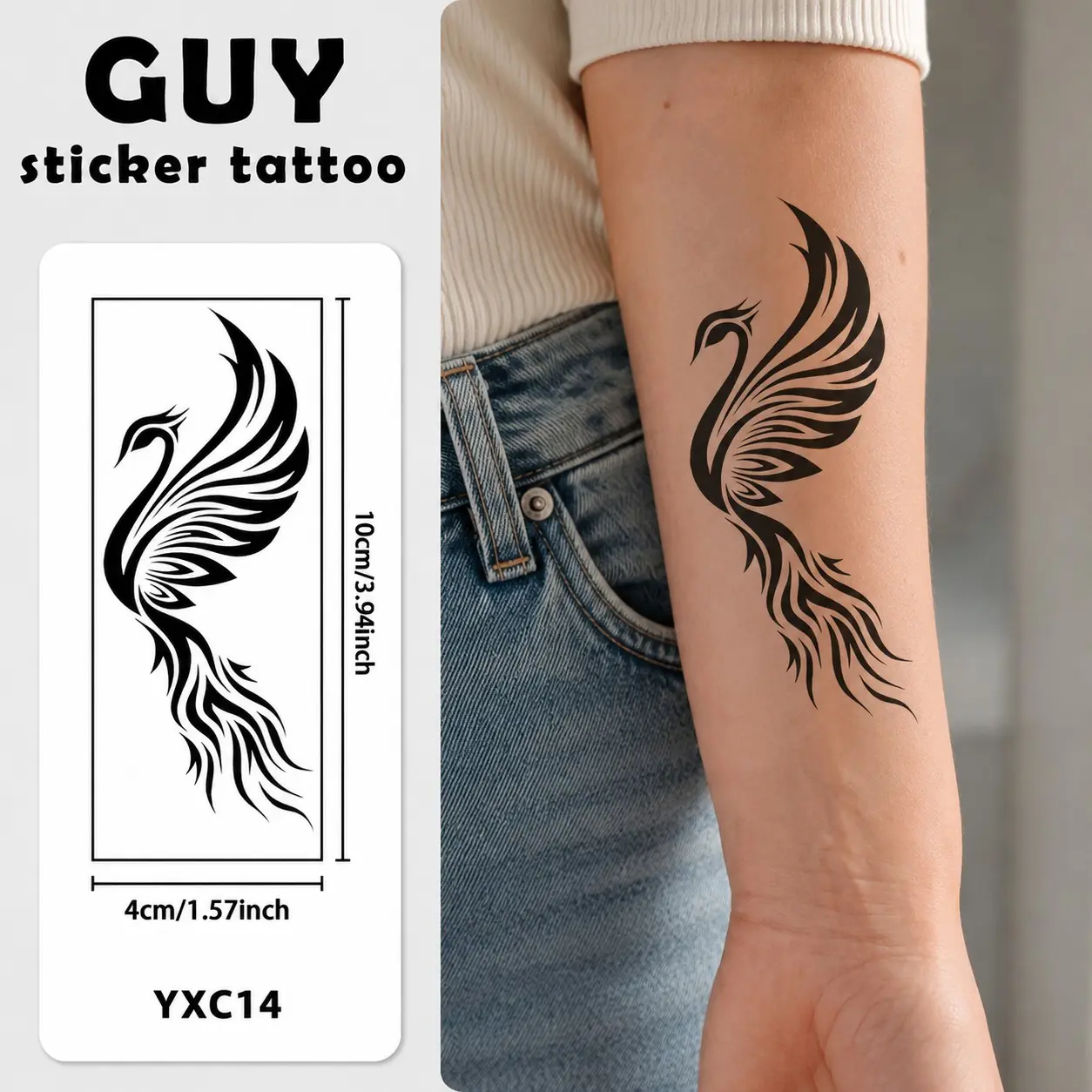 Simple Phoenix Tattoo Sticker, Elegant Long Design, Waterproof Durable Temporary Tattoo Paper, Arm Waist Side