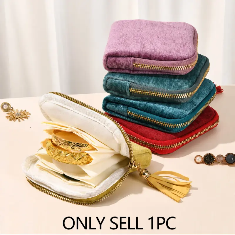 Travel Elegant Jewelry Organizer Pouch - Portable Compact Velvet Tassel Protective Storage Box for Women - Satin 5-Divided Compartments, Graduation Gift College Travel Essential, Compact Storage Box