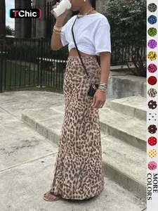 Women's High Waisted Elegant Leopard Print Mesh Skirt, Long Plain H-Type Slim-Fitting A-Line Split Design, Versatile Fashion Bottoms