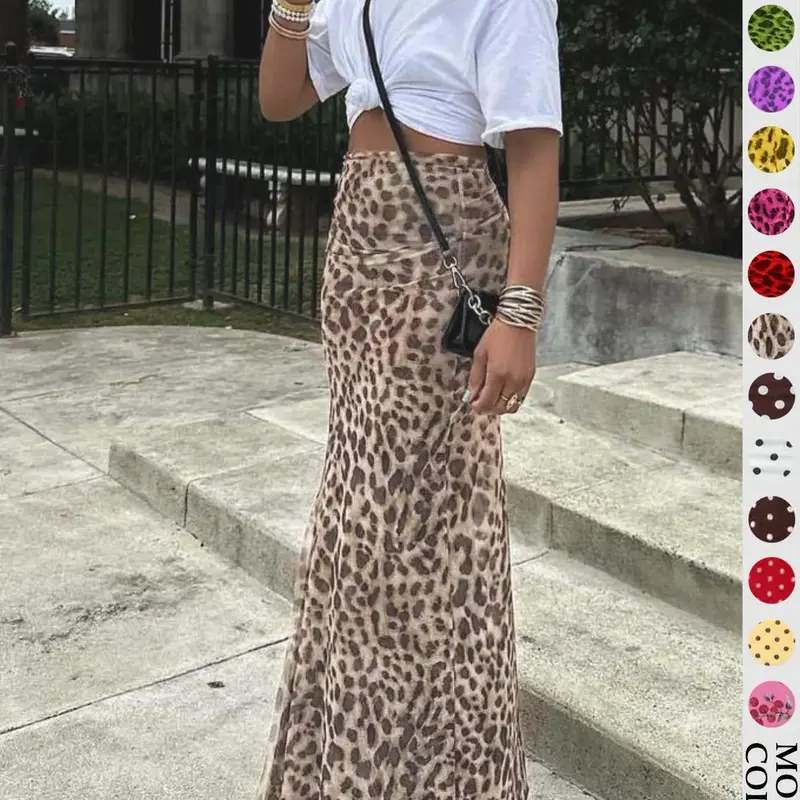 【Black Friday】Women's High Waisted Elegant Leopard Print Mesh Skirt, Long Slim-Fit Skirt with Split Design, Versatile Basic Fashion Bottoms
