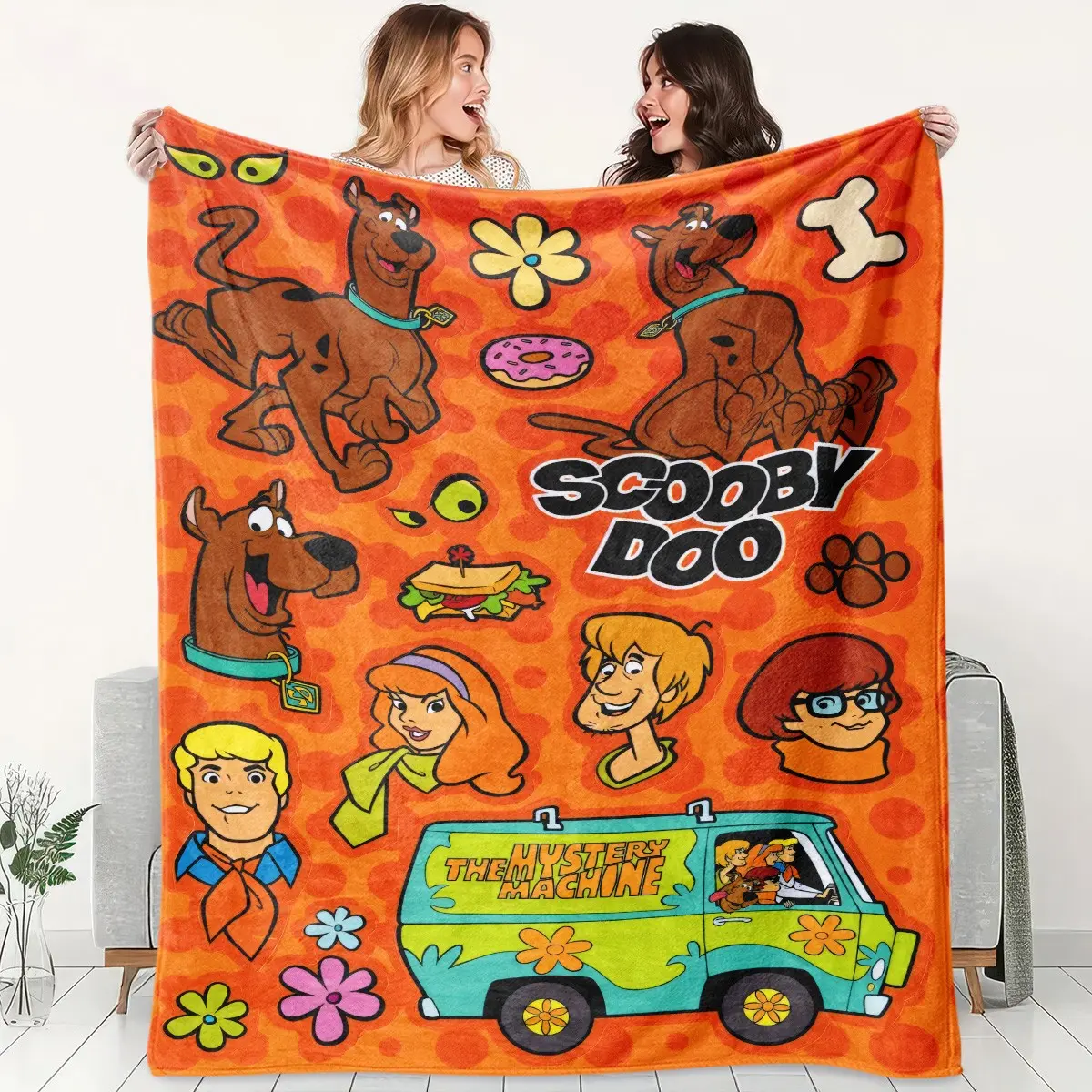 1pc Scooby-Doo Retro Cartoon Blanket Classic Dog Detective Mystery Machine Orange Dots Vintage Sticker Print Nostalgic Animation Soft Warm Multi-use Throw for Sofa Bed Office Camping Perfect Fan Gift