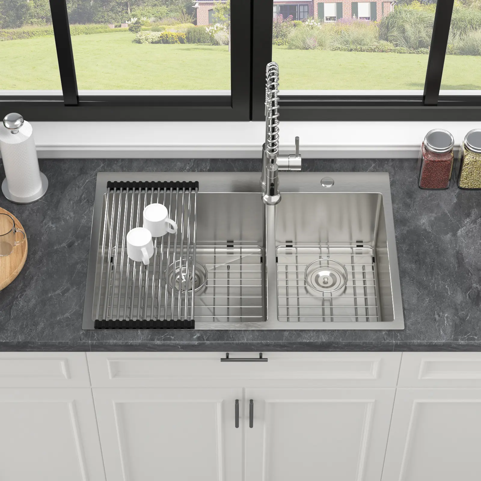 ARCH 33x22x10 Inch 16 Gauge T304 Stainless Steel Double Bowl Kitchen Sink 60/40 Split Drop In Topmount Brushed Nickel Finish with Deep Basins, Drain Grooves, Soundproof Coating, Includes Grids, Strainers, Drying Rack, Installation Kit