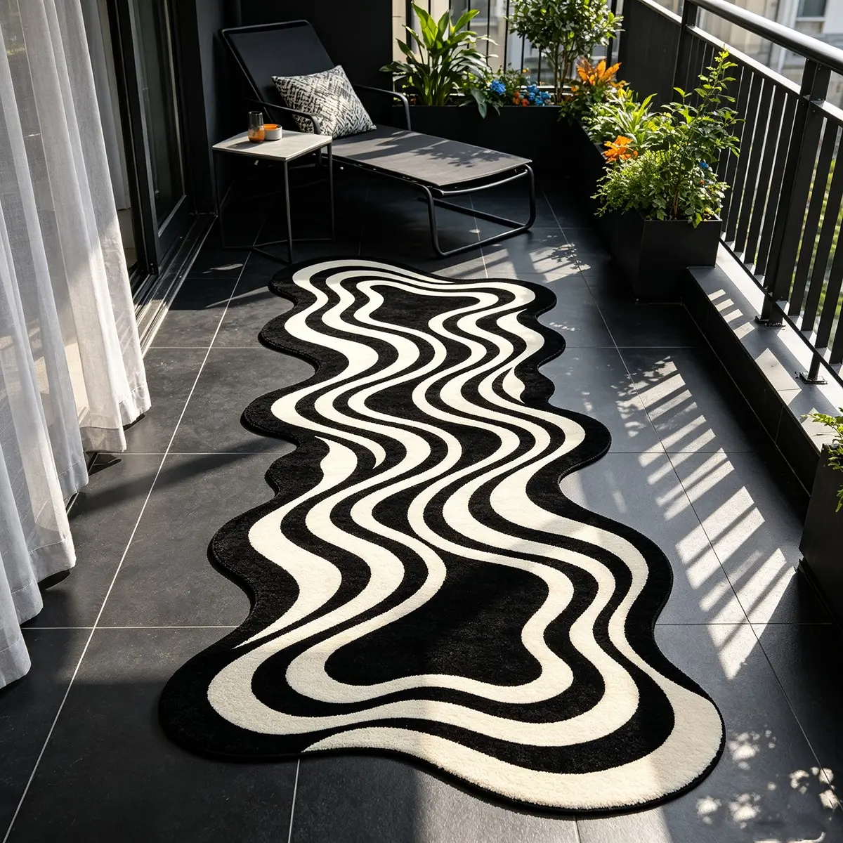 1PC Wavy Irregular Long Rug, Vintage Black White Swirl Wave Line Print, Thin Flannel Floor Mat, Cool Unique Ins Style Entryway Doormat, Area Carpet for Balcony, Bedroom Bedside, Living Room & Study Room