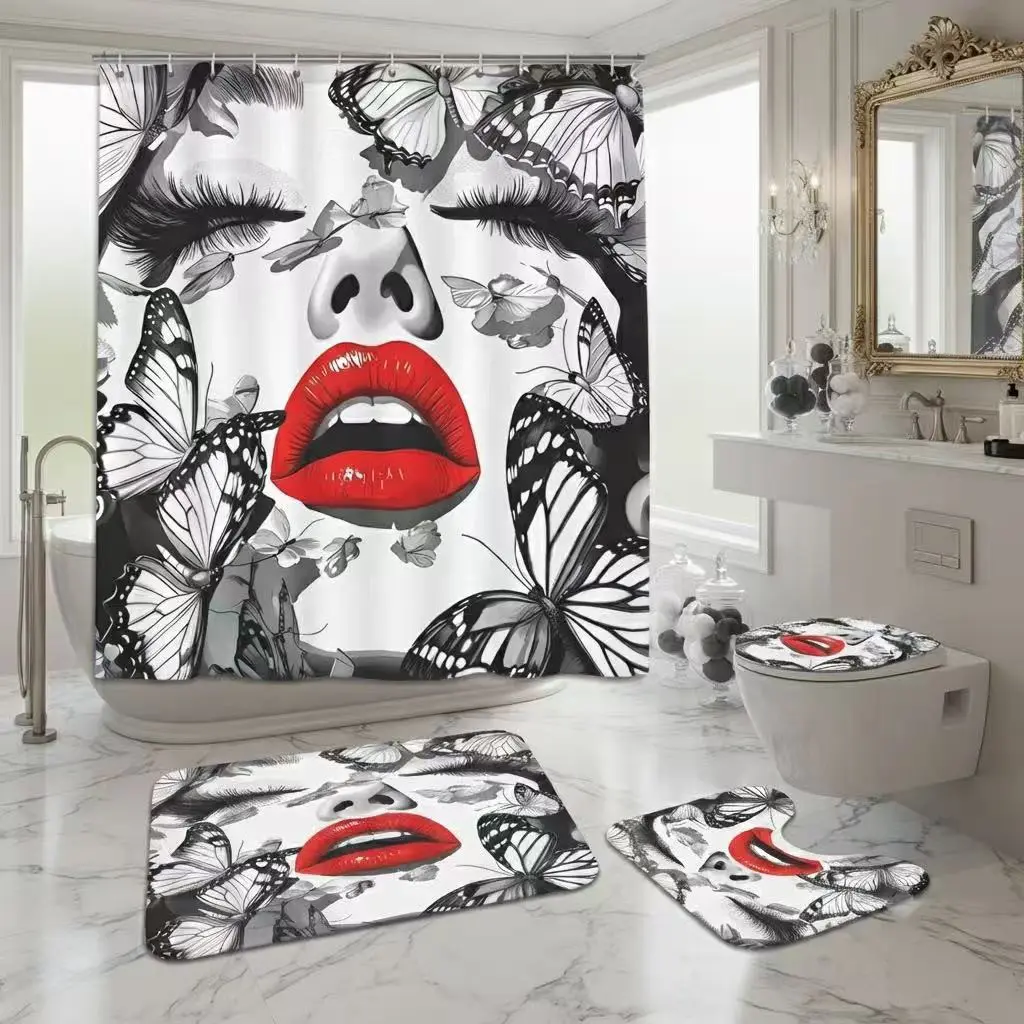 Bold Red Lips Butterfly Shower Curtain Set – striking black & white portrait with vibrant red lips, fluttering butterflies, edgy fashion bathroom art, Aesthetic Shower Curtain, perfect for Halloween, Gothic lovers or statement home styling