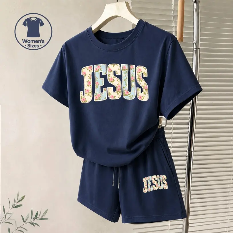 Women's "JESUS" Floral Graphic Short Sleeve T-Shirt And Shorts Set, Casual Summer Two-Piece Outfit With Crew Neck Top And Drawstring Waist Shorts For Daily Wear