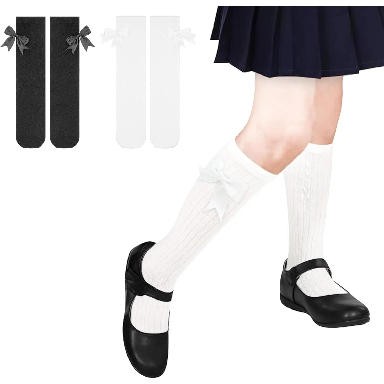 Girls Knee High Socks With Bows - Cotton School Uniform Long Socks for 4-12 Years, 2 Pairs