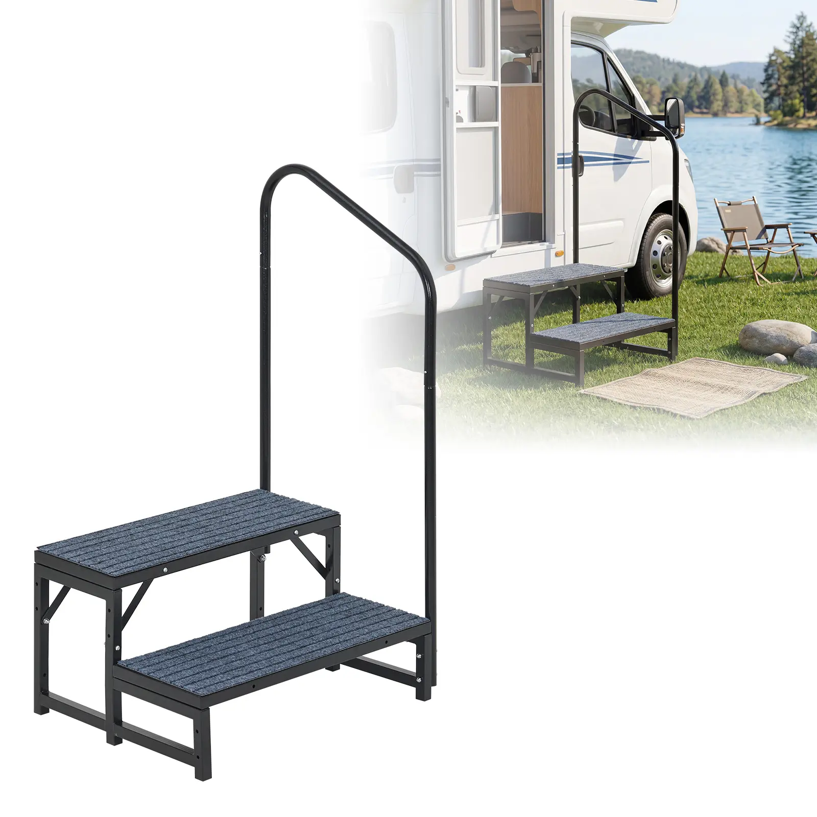 2/3-Step RV Steps with 1 Handrails – Heavy Duty Steel Non-Slip Ladder Stairs for RV, Camper, Trailer, Hot Tub, Pool, Porch & Mobile Home