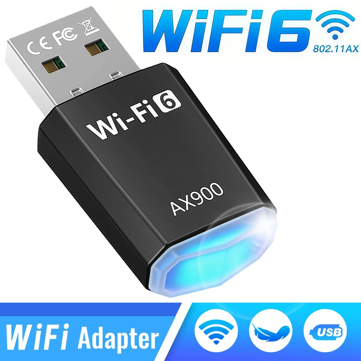 AX900 WiFi6 USB 2.0 Wireless Dongle Dual Band 5GHz & 2.4GHz Network Card Advanced WPA3 Security Driver Free Installation Compatible All Windows System