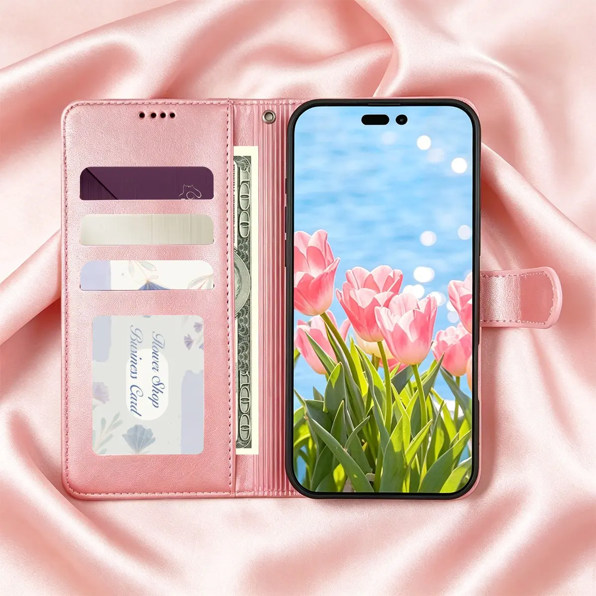 Soft Leather Wallet Case for iPhone, Handy Flip Folder with Card Slots, Includes Stand and Wrist Strap, Protective Phone Cover