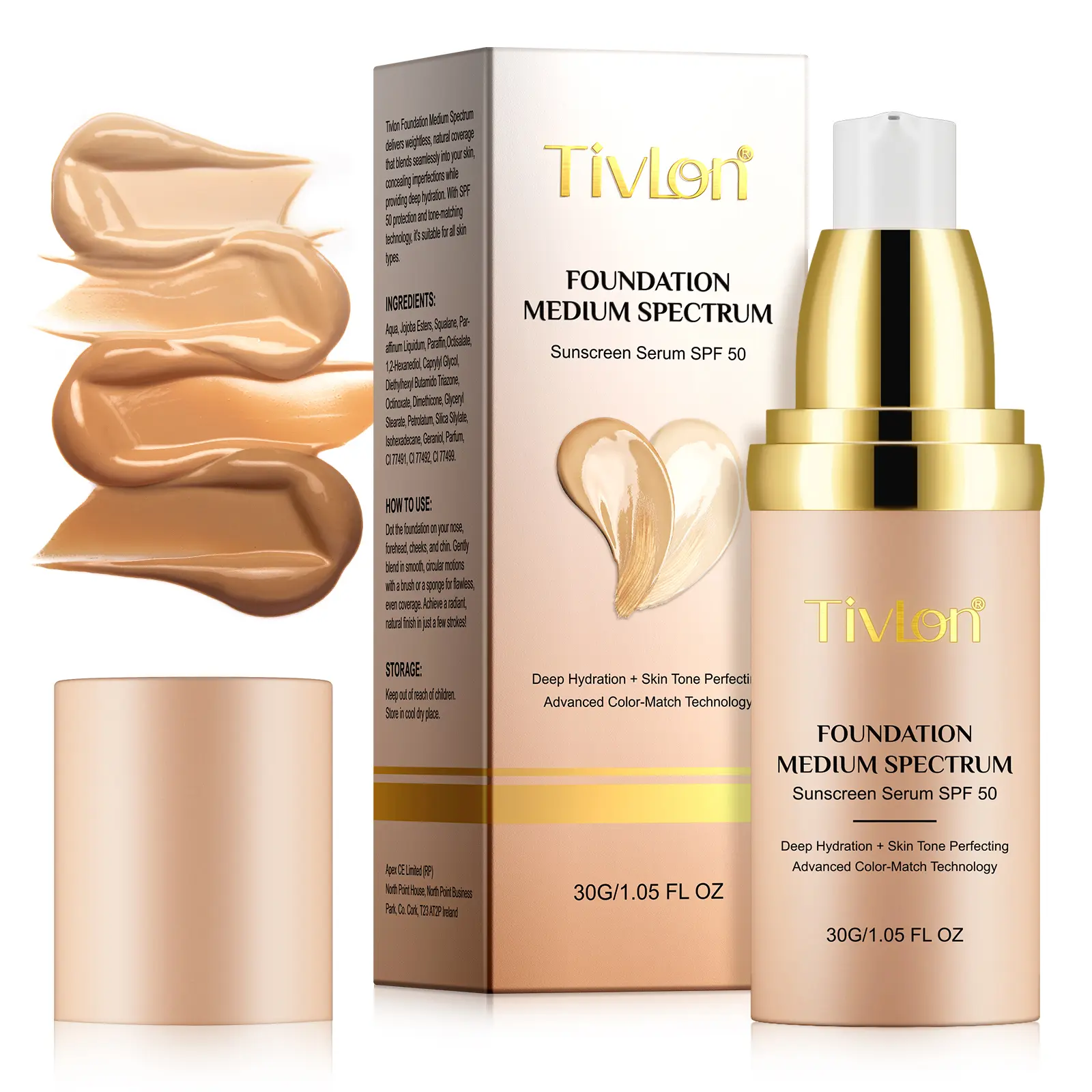 4 in 1 Foundation Liquid with Medium Coverage, Waterproof Hydration, SPF 50+, Perfect for Gym and Sports, Flawless Makeup Effect