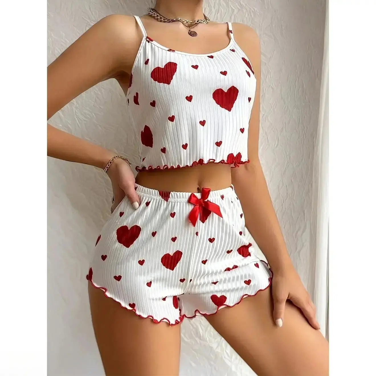 Women’s 2-Piece Casual Cami Pajama Set, Spaghetti Strap Heart Print Top & Shorts, Soft Lightweight Summer Sleepwear, Comfy Loungewear Ideal For Indoor Lounging, Night Wear & Relaxed Daily At-Home Outfits