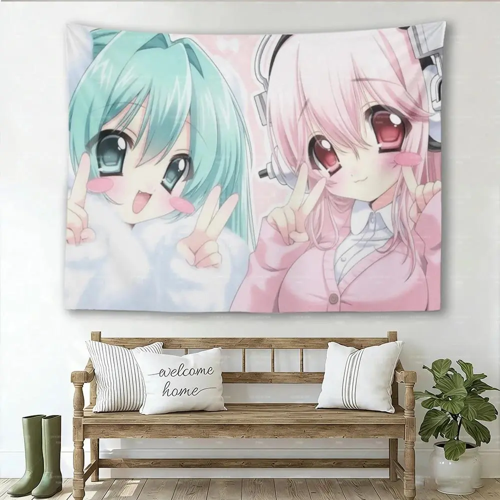 Super Sonico & Green Hair Anime Girl Tapestry, Kawaii Chibi Wall Hanging for Bedroom, Otaku & Pastel Room Decor