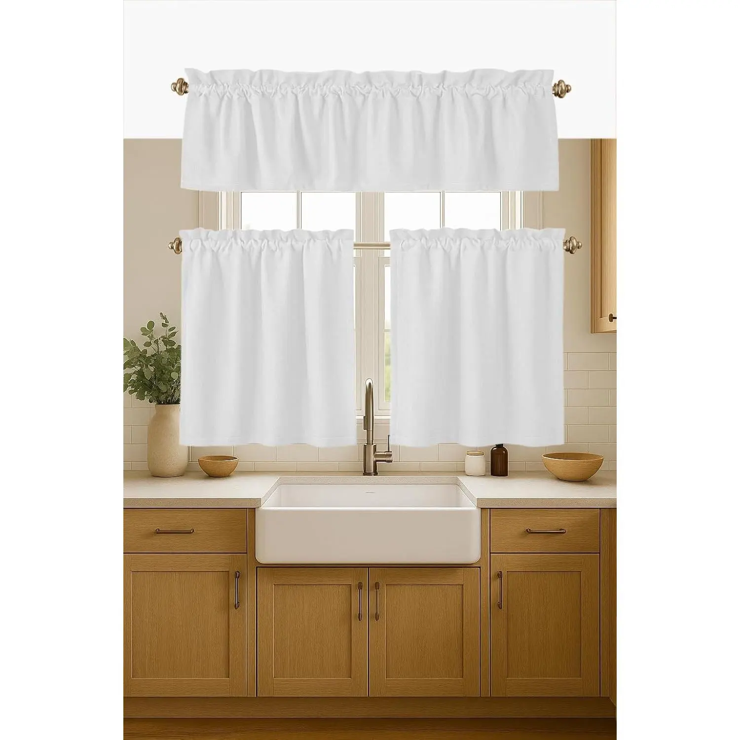 100% Cotton Kitchen Window Curtain Set, 3-Piece Rod Pocket Semi Sheer Farmhouse Half Curtains - 2 Tiers (26"x36"), 1 Valance (54"x18") for Kitchen, Bedroom
