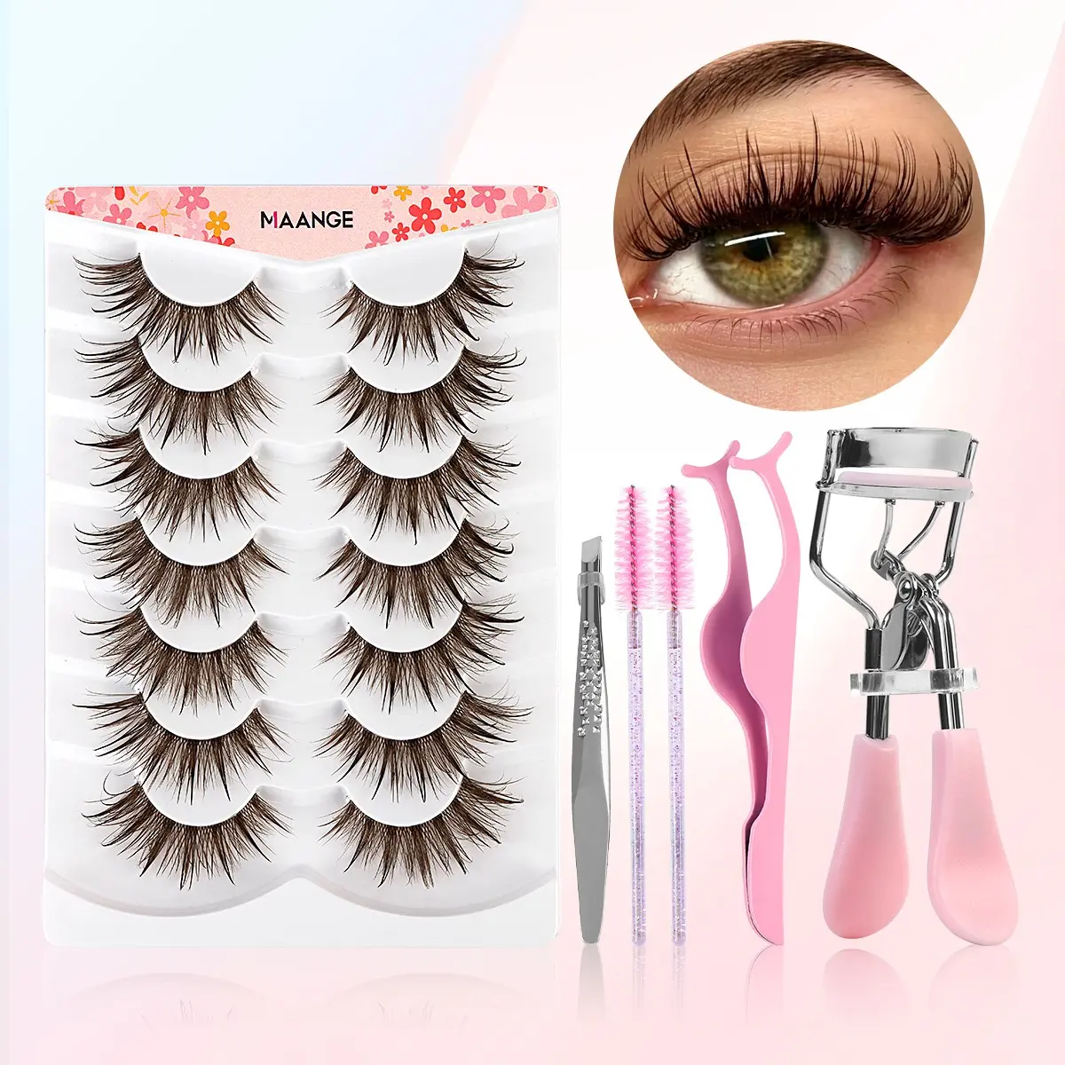 MAANGE 7 Pairs Brown Natural Strip Eyelashes Kit, Soft Wispy Light Brown Fake Lashes, Complete Makeup Tool Set with Lash Tweezers, Eyebrow Tweezers, Curler & 2 Brow Brushes, Reusable Comfort Lashes for Daily Natural Eye Makeup, DIY Eyelash Set