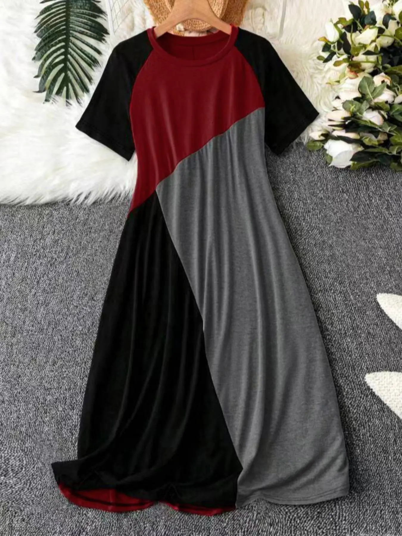 【Plus Size】 Women's Colorblock Raglan Sleeve Lounge Dress Loungewear, Casual Soft Comfortable Round Neck Short Sleeve Midi Dress for Everyday Home Wear, Sleepwear Nightdress for All Seasons, Summer Lounge Dress, for Lady
