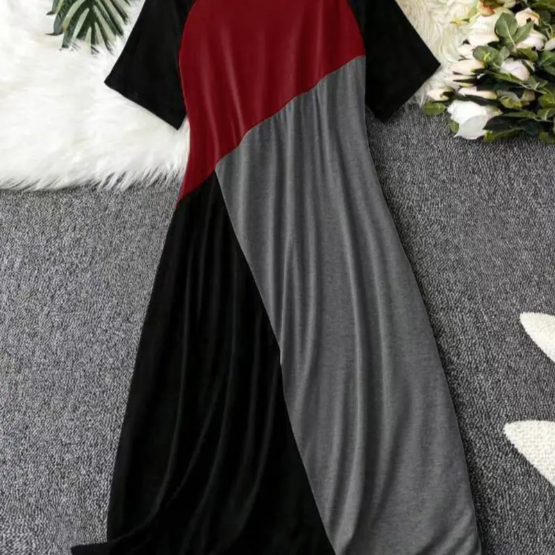 【Plus Size】 Women's Colorblock Raglan Sleeve Lounge Dress Loungewear, Casual Soft Comfortable Round Neck Short Sleeve Midi Dress for Everyday Home Wear, Sleepwear Nightdress for All Seasons, Summer Lounge Dress, for Lady, Nightwear Loungewear