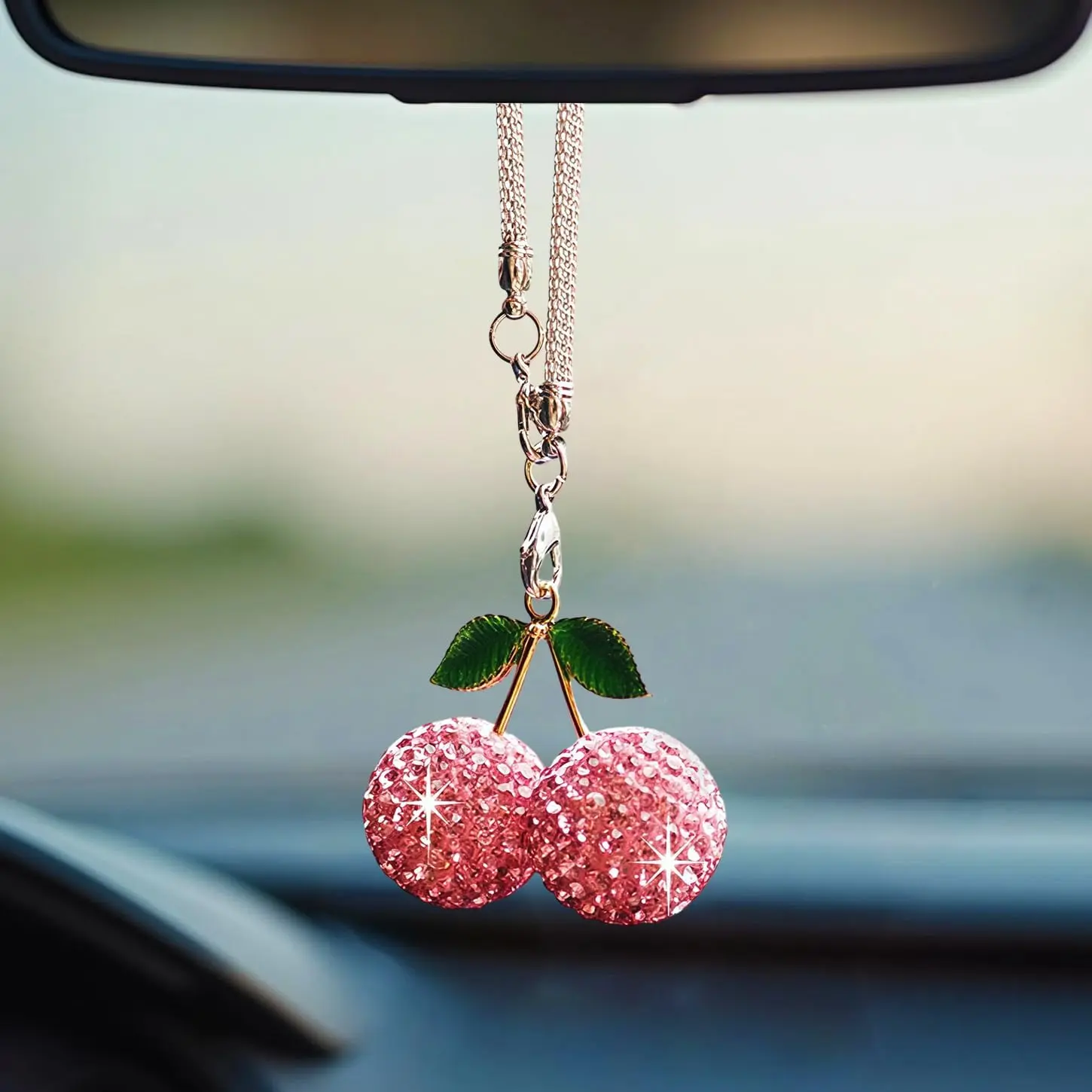 Bling Cherry Car Hanging Ornament, Cute Crystal Rear View Mirror Pendant, Sparkly Diamond Rearview Mirror Charms, Lucky Car Interior Decor Accessories (Pink), Cars Accessories, Car Decorating