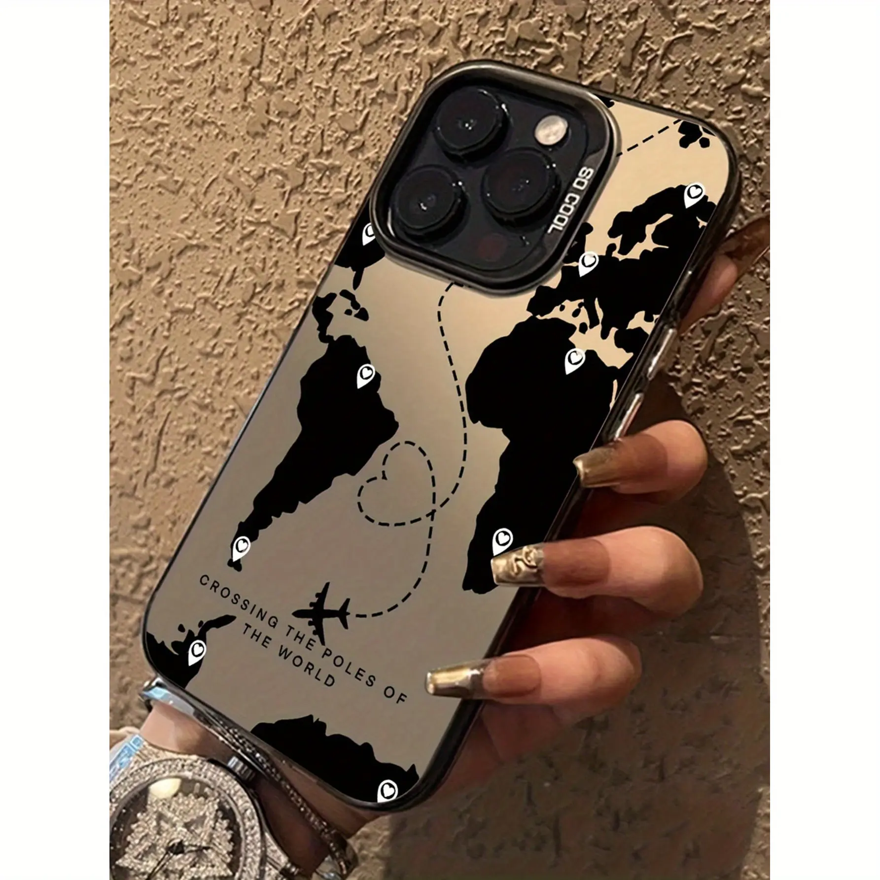 Vintage World Map Airplane Heart Location Pin Mirror Phone Case Compatible with iPhone X XS XS Max 11 12 13 14 15 16 17 Pro Max Plus SE4, Dark Gray Silver Reflective Back Shockproof Soft TPU Cover Travel Wanderlust Aesthetic Anti Fingerprint Drop Protecti