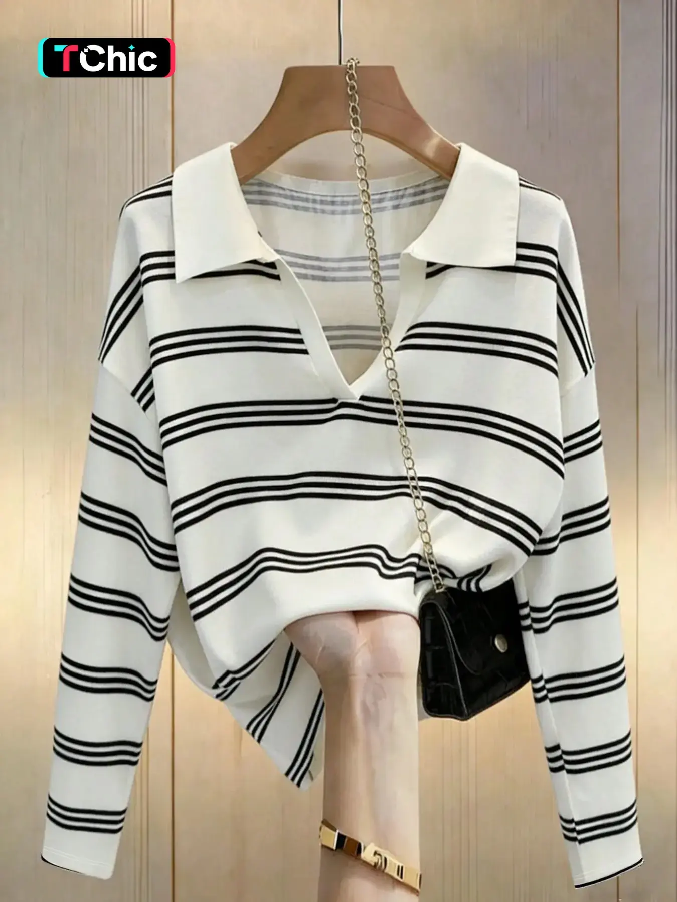 Women's Lapel V-Neck Long Sleeve Top, All Seasons Blouse, Horizontal Striped Drop Shoulder Loose Fit, Simple Daily Office Commute Casual Long Sleeve Shirt