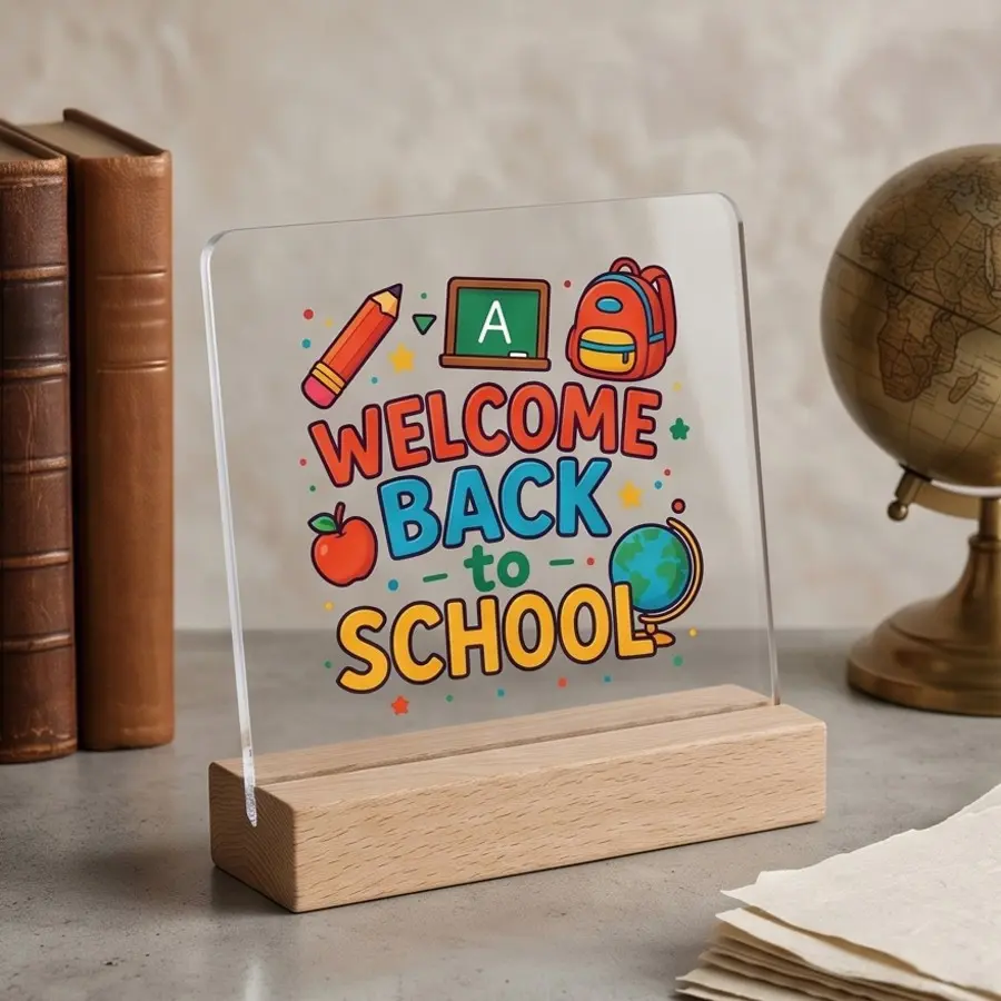 Welcome Back to School Acrylic Ornament, Cartoon Desk Decor, Classroom Decoration, Student Gift, Transparent Acrylic Display Piece