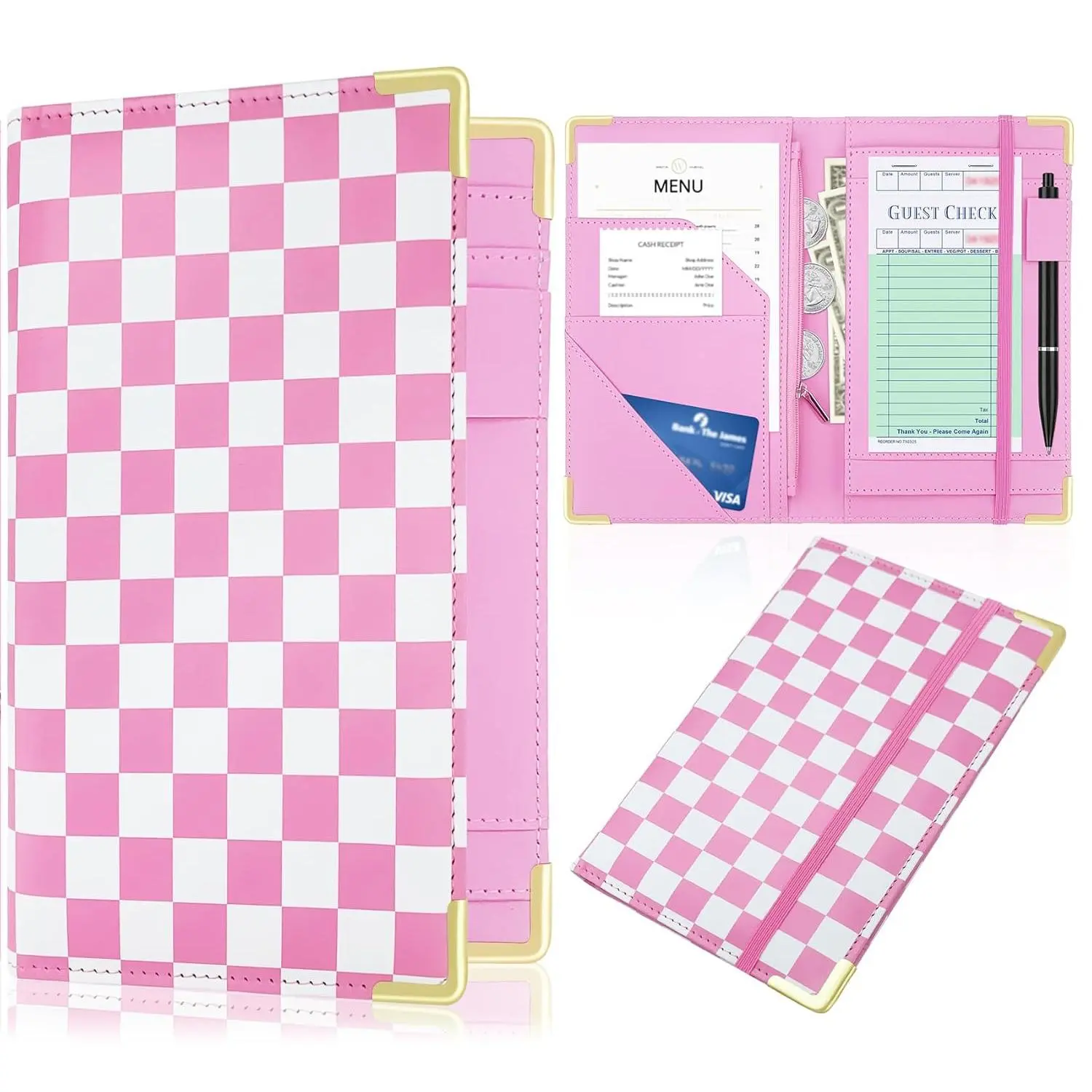 Large PU Leather Waitress Server Book, Retro Checkerboard Check Holder Organizer with Zipper Pockets, Pen Holder & Apron Loop