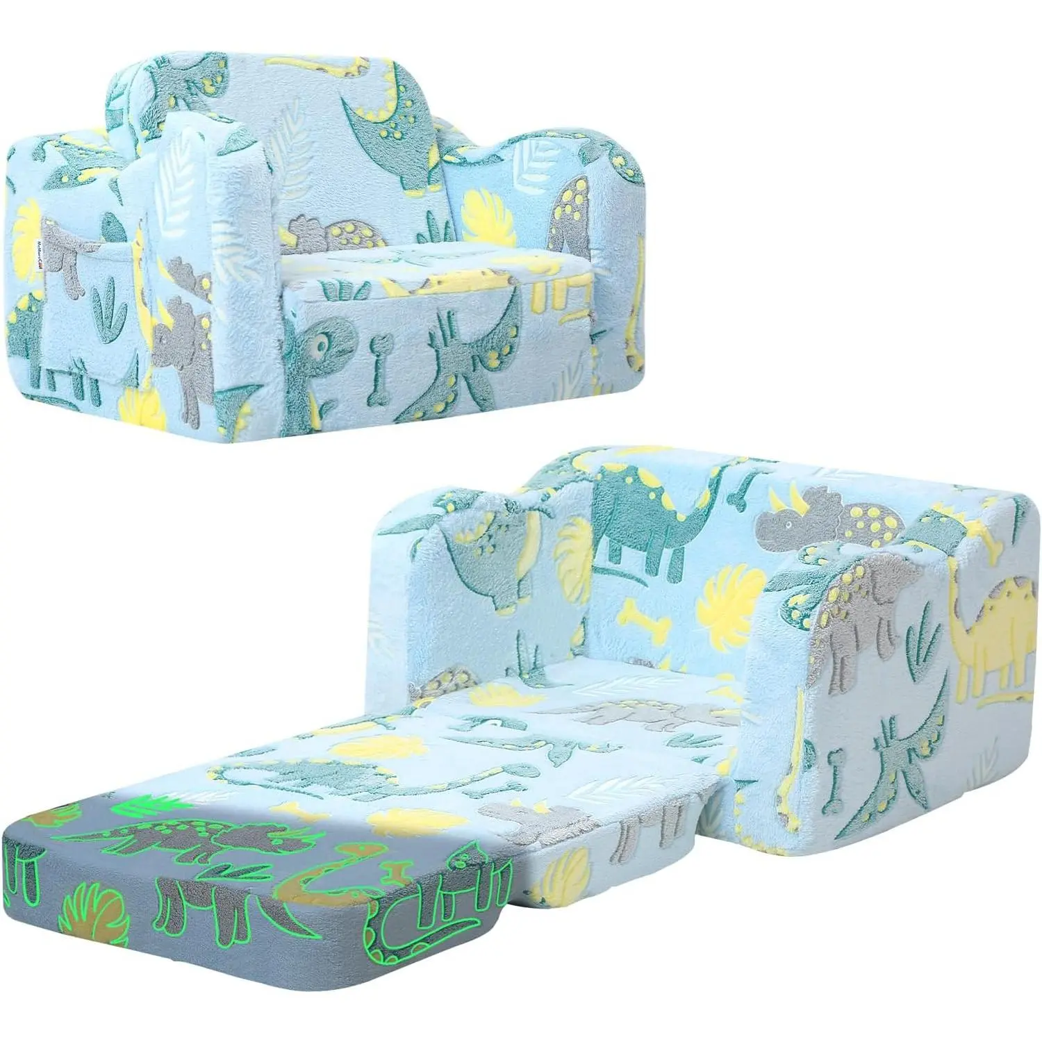 Glowing Dinosaur Kids Chair, 2-in-1 Convertible Kids Couch Fold Out to Lounger, Glow-in-the-Dark Dino Sofa for Boys Ages 1-3, Soft Foam Flip-Out Seat with Washable Cover, Sky Blue | Reading, Relaxing