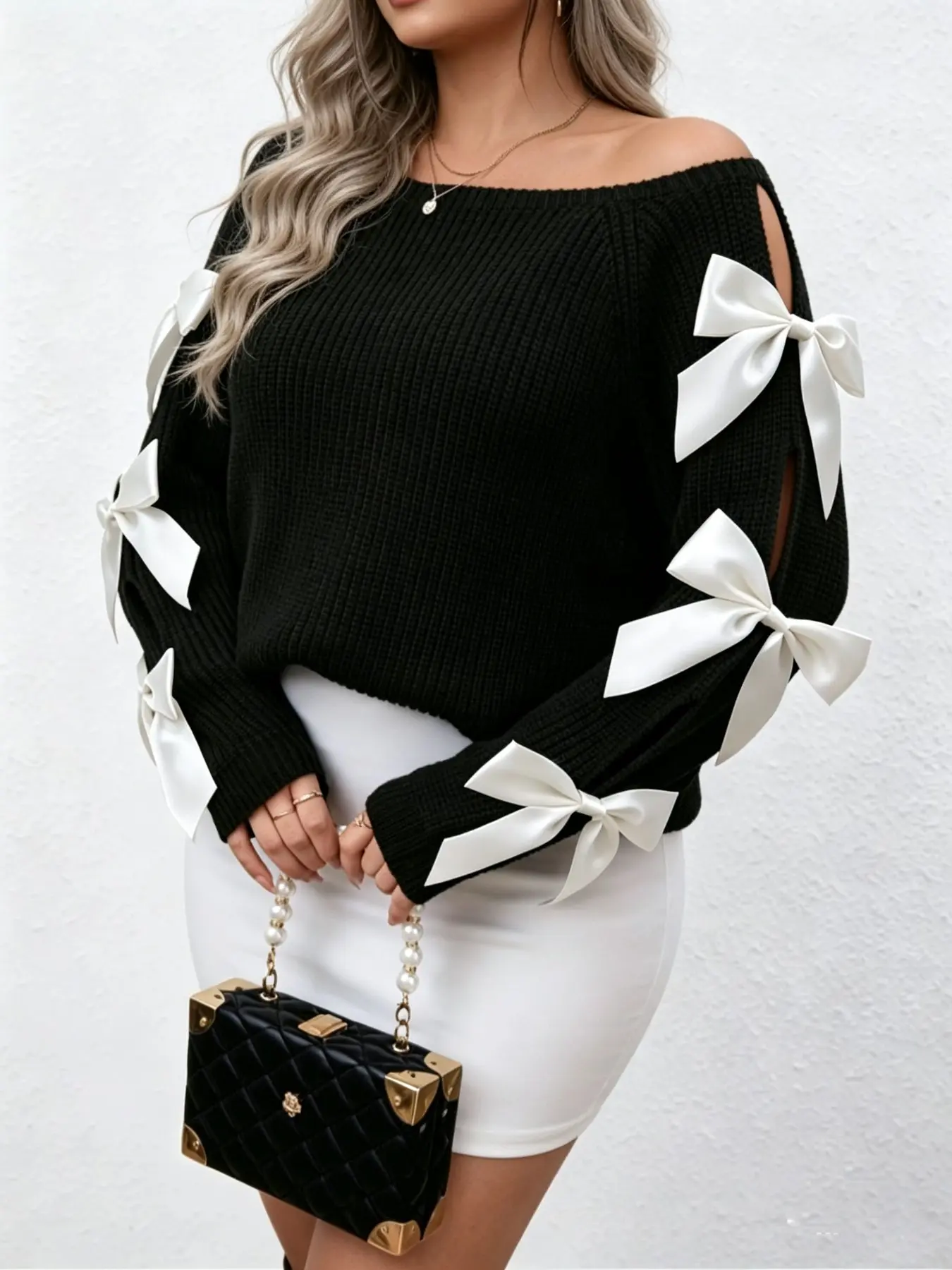 Plus Size Elegant Casual Bow Knit Sweater, Round Neck Loose Fit Pullover, Women's Winter for Parties, Vacations, Work