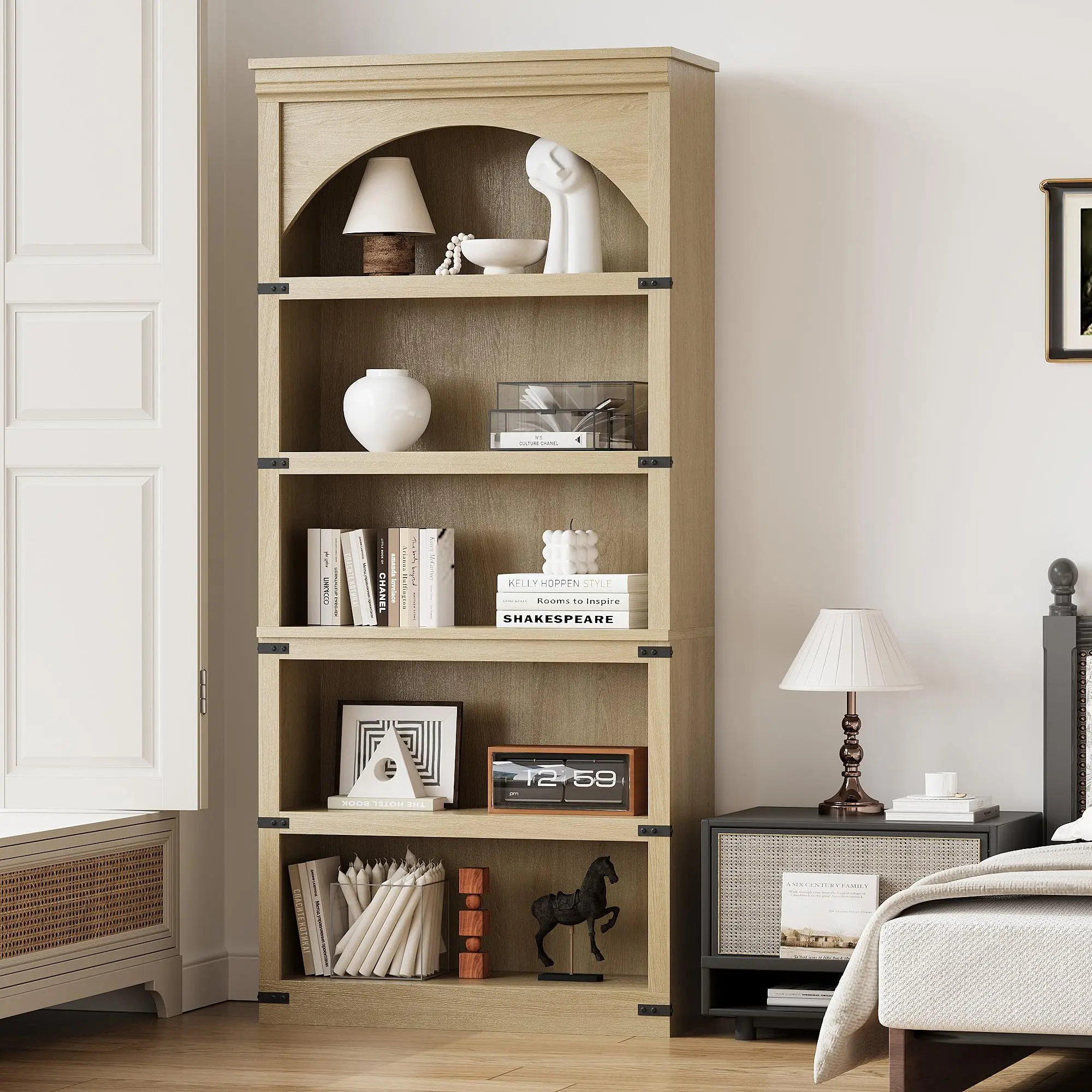 Rustic Industrial Bookshelf – 5-Tier or 6-Shelf Tall Bookcase, Metal Frame & Wooden Arch, Open Storage Display Rack with Doors for Living Room, Bedroom, Office – Farmhouse Style – Black/Brown