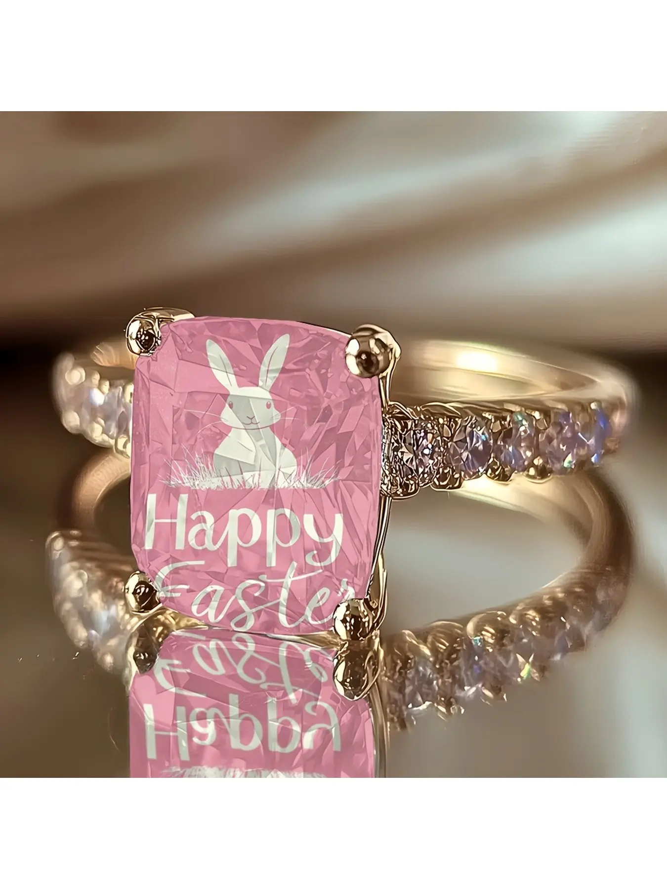 Gold diamond-encrusted square-cut glass ring. Easter bunny printed finger ring symbolizing rebirth and hope. Spring festival atmosphere accessory for young girls.