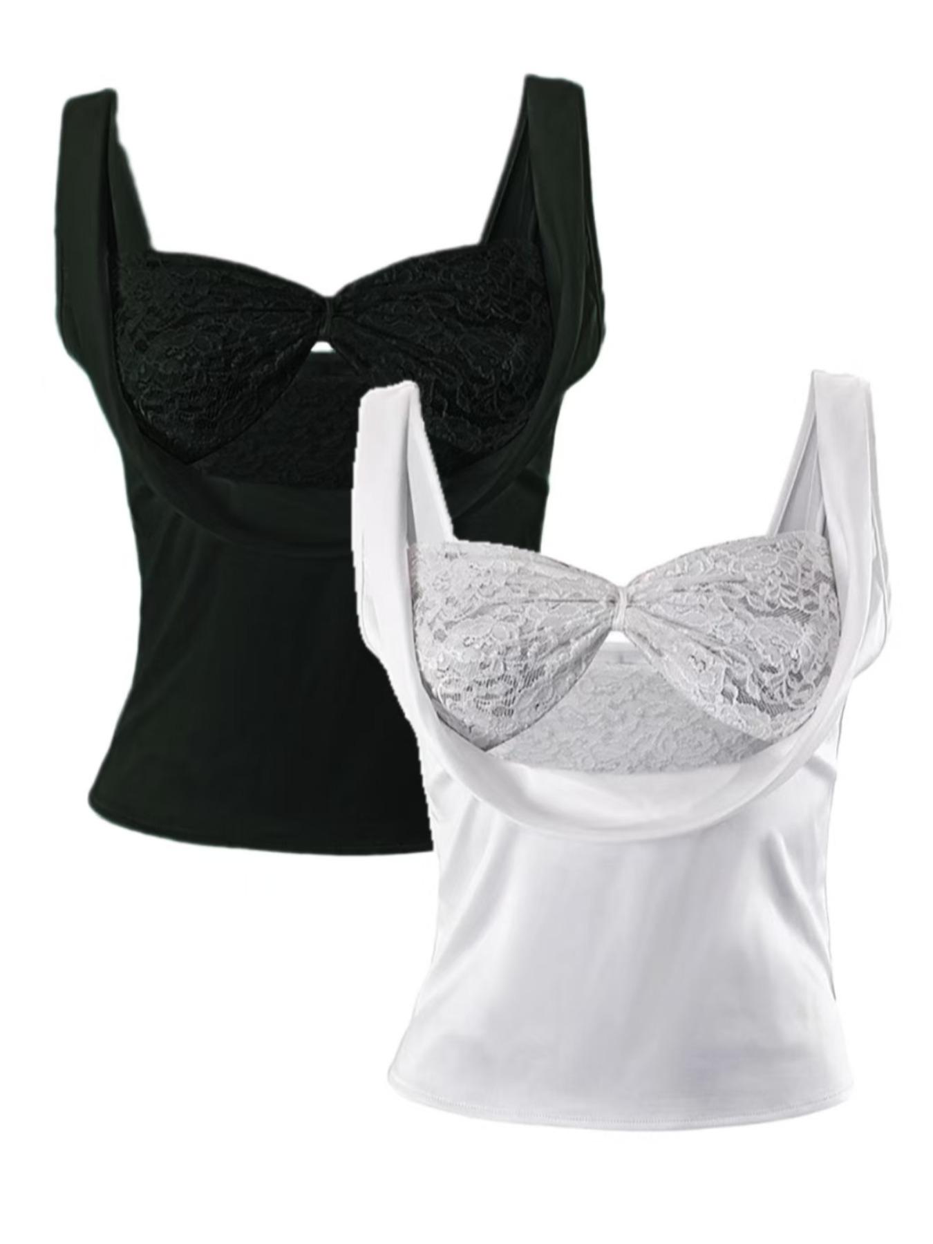 Women's Sexy Backless Lace Strap Bra and Bow Decor Cami Cropped Tank Top Set, Slim-Fit Summer Fashion Outfit, Perfect for Parties, Bustier, Womenswear, Garment, Backless Sleeveless Cami