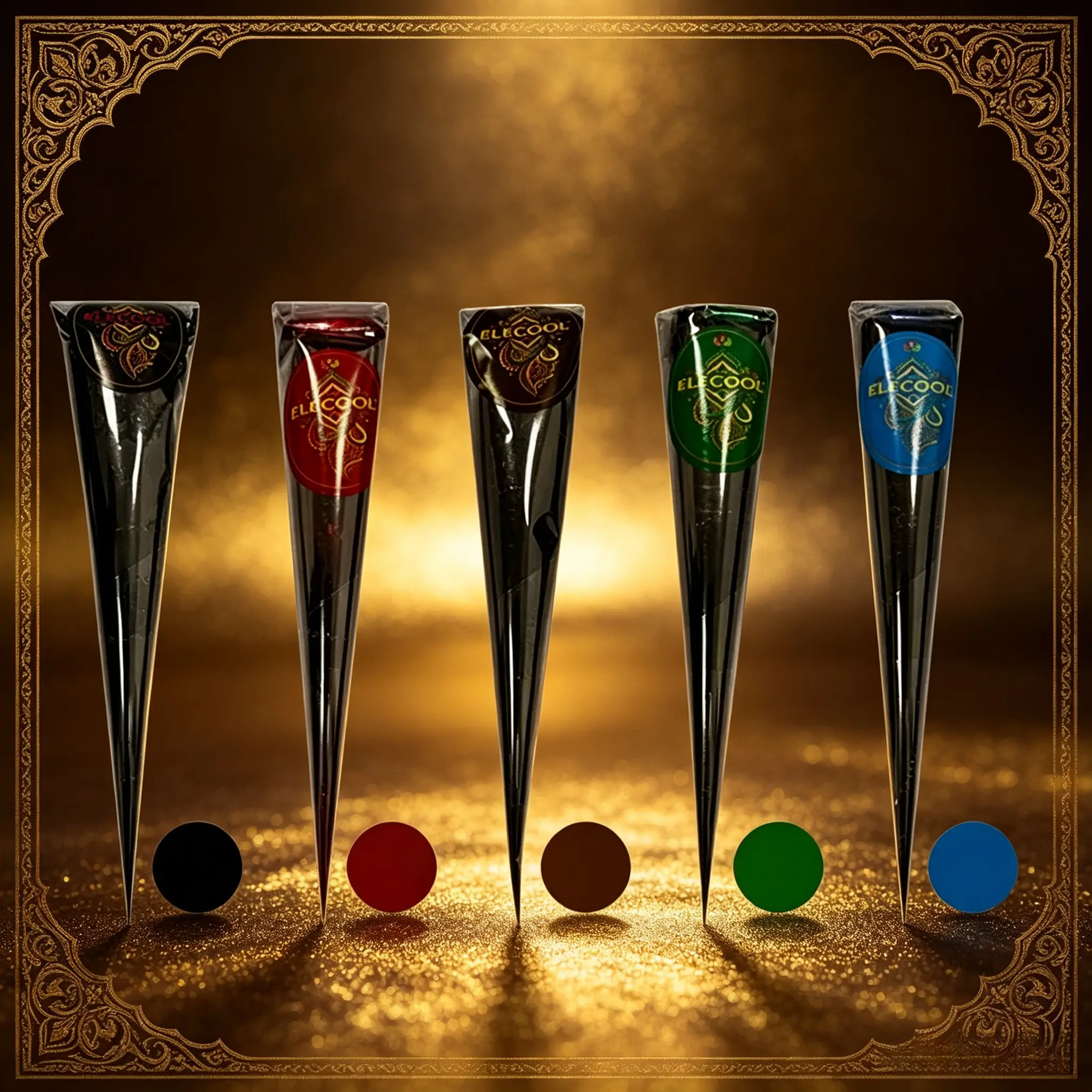 Wedding & party exclusive multi-tonal Natural Henna Cones with plant-based mild formula. Mixable brown black red blue green shades, long waterproof color for delicate mandala hand art, vibe temporary drawing supplies for festivals and photoshoots.