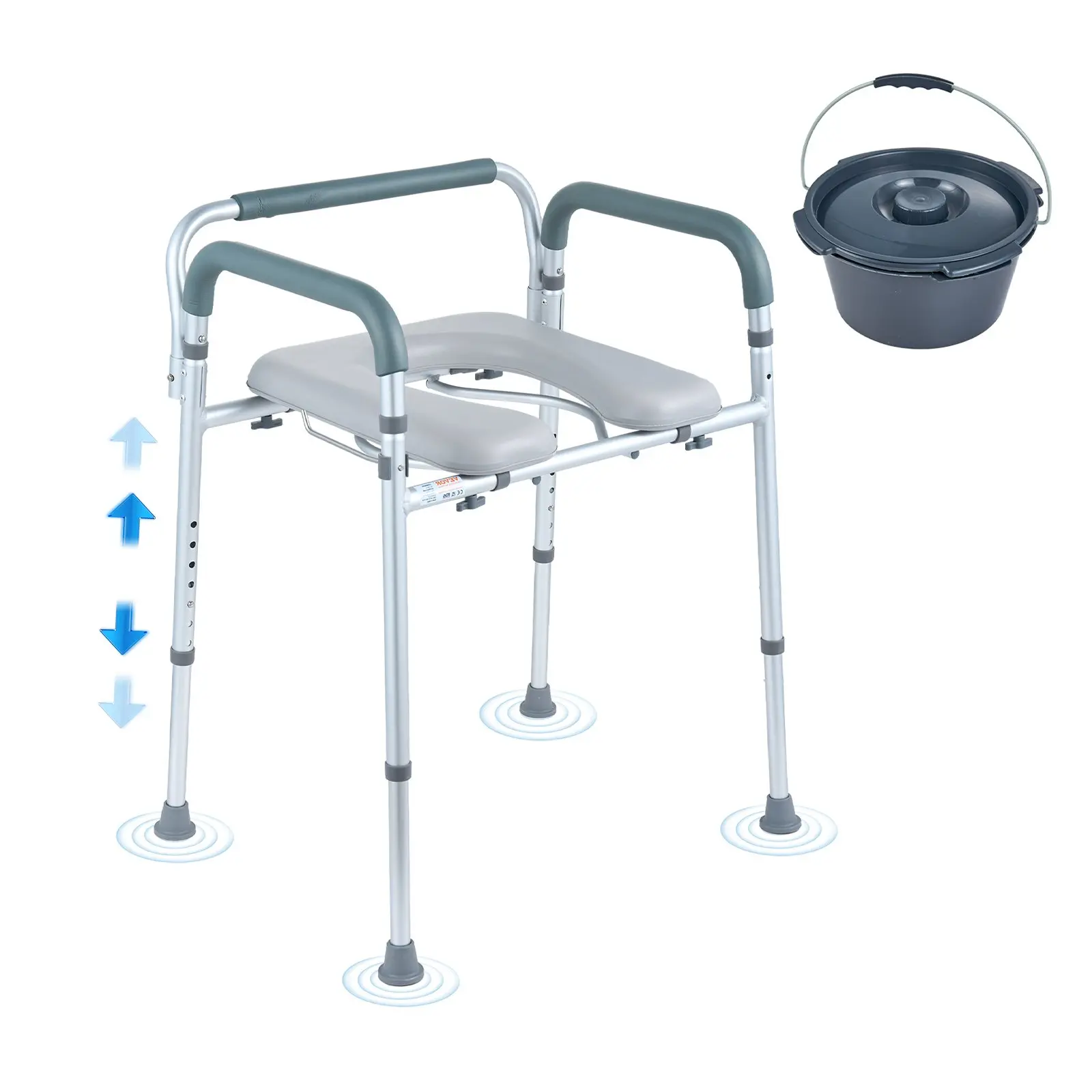 VEVOR Bedside Commode Chair (Bedside Toilet) with Padded Arms, Adjustable Seat, 7-Level Height, Aluminum Frame, 5.8L Removable Bucket, 350 LBS Capacity, Raised Seating, Easy Assembly for Seniors