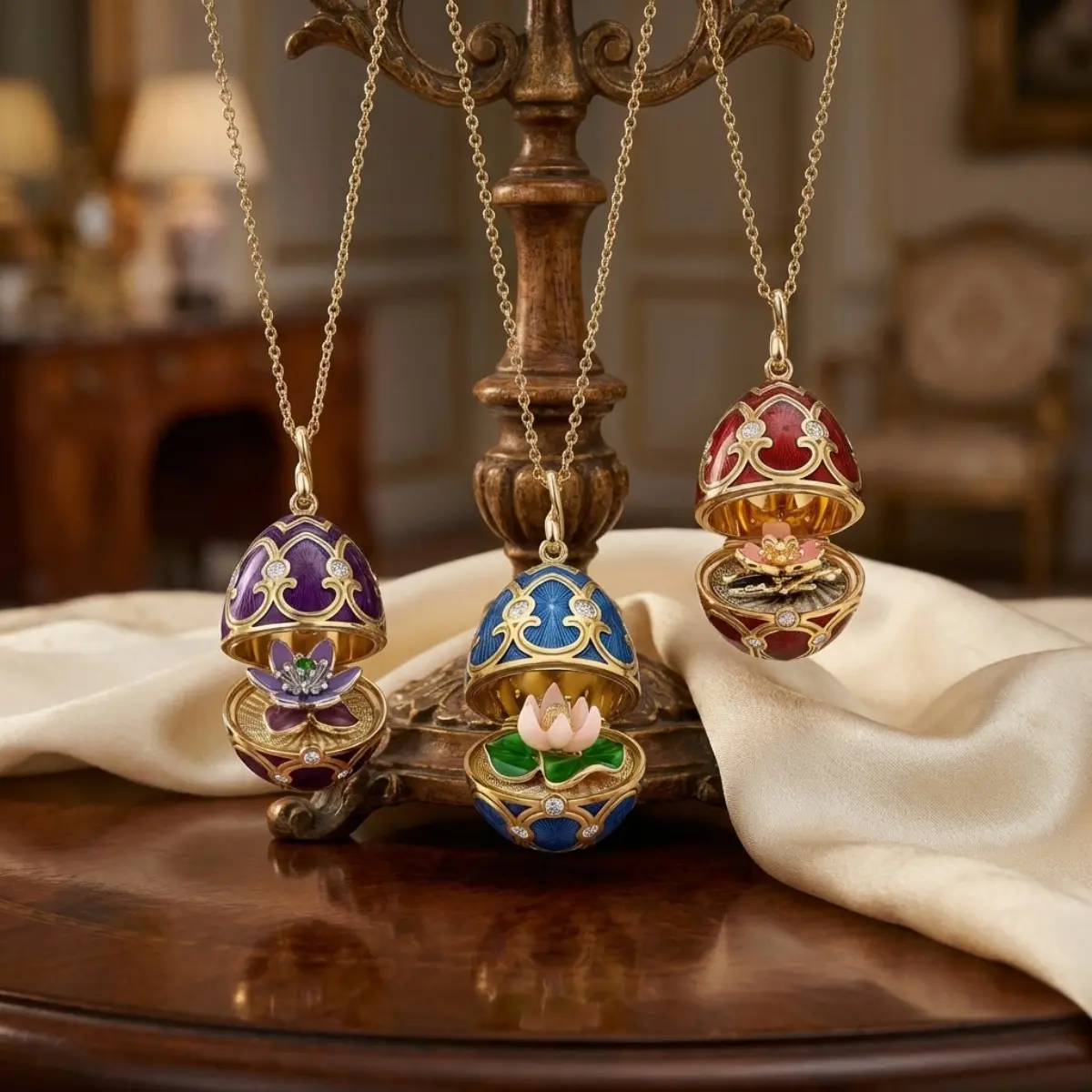 Women's Enamel Egg Locket Necklace, Adjustable Chain, Secretly Opening Lotus Motif with Hidden Flower, Hand-Applied Enamel Detailing, Ideal for Everyday Wear & Gifting