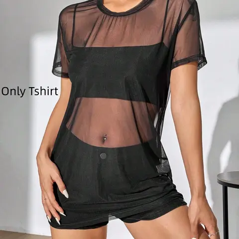 Women's Mesh Sheer Crewneck Tee, Basic Minimalist Casual Short Sleeve Round Neck Top for Summer, Ladies Clothes for Daily Wear, Casual Breathable Top, Crewneck T Shirts, Casual Everyday Top, Casual Tops