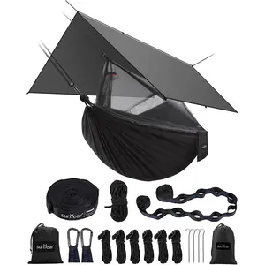 Hammock Camping with Rain Fly Tarp and Net, Portable Camping Hammock Double Tree Hammock Outdoor Indoor Backpacking Travel & Survival, 2 Tree Straps,100% Waterproof
