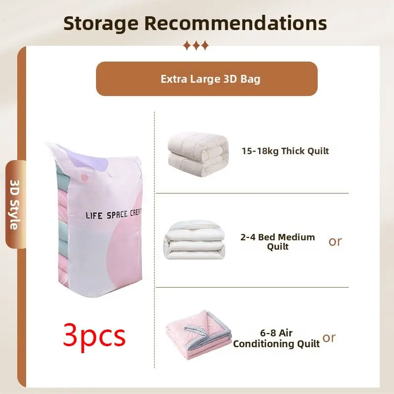 3-Pack Extra Large Vacuum Compression Bags, No Pump Required, Sealed 3D Design, Ideal for Storage, Space-Saving Organization