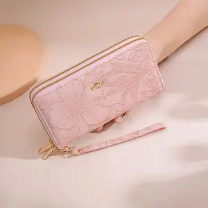 Embossed Floral Wallet for Women, Large Capacity Faux Leather Zip-Around Long Clutch with Wrist Strap and Bear Charm, Wallets