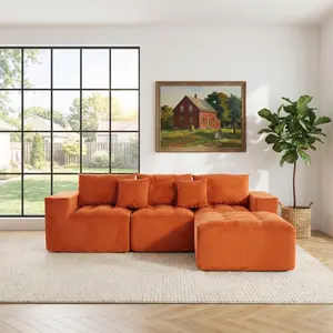 Aobtkel®101" L-Shaped Modular Compression Sofa, 3-Seater Comfortable Cloud Sofa, Corduroy Fabric, with Movable Footrest, Free DIY Combination, Suitable for Living Room, Bedroom, Apartment (Orange)