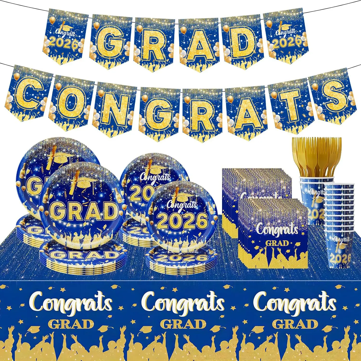 123 count Blue And  Graduation Decorations 2026,Graduation Decorations 2026  Set Include Tablecloth , Paper Plates, Cups,Forks, Napkins, Grad Banner Is Suit For Any Grad Party.