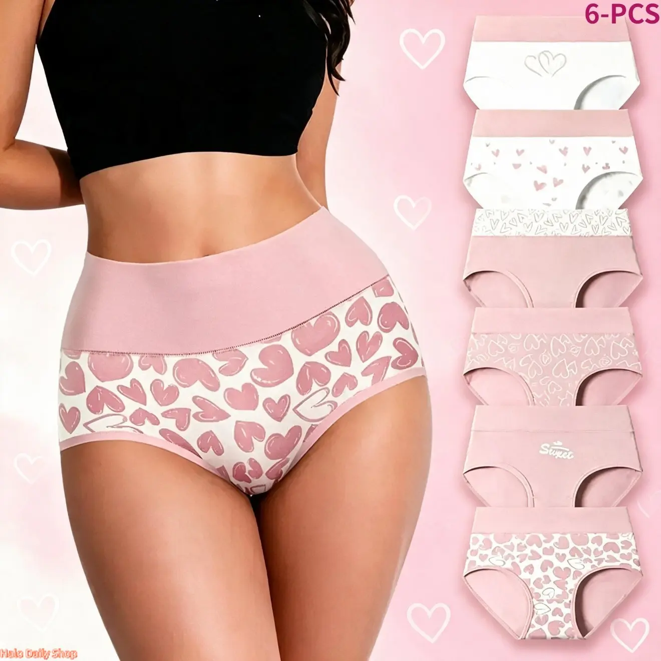 Women's High Waist Tummy-Control Hip-Lifting Panties (6-Pcs) - Polyester Blend, Contrast Lace, Soft Breathable, Solid Pink Everyday Comfort Briefs