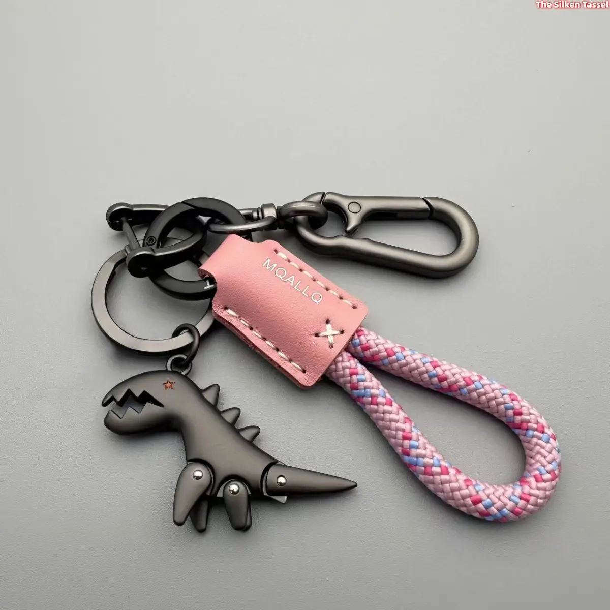 Cute Movable Dinosaur Animal Keychain - Braided Leather Rope, Metal Carabiner, Cartoon Dino Pendant Female Keyring - Cool Keychains, Key Holder for Purse/Women's Bag Accessories, Back to School Gift