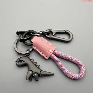Cute Movable Dinosaur Keychain Braided Rope Leather Tag Car Key Ring Metal Carabiner Cartoon Dino Pendant Key Holder For Women Bag Accessories Gift