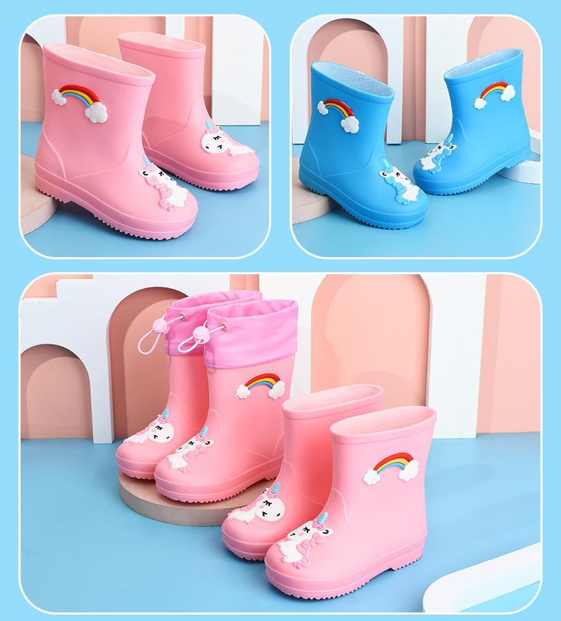 Children's Rain Boots Girls' Elastic Cuff Fleece-Lined Boys' Non-Slip Water Shoes Four Seasons Cartoon Cute Princess Rain Boots Kids' Rain Shoes