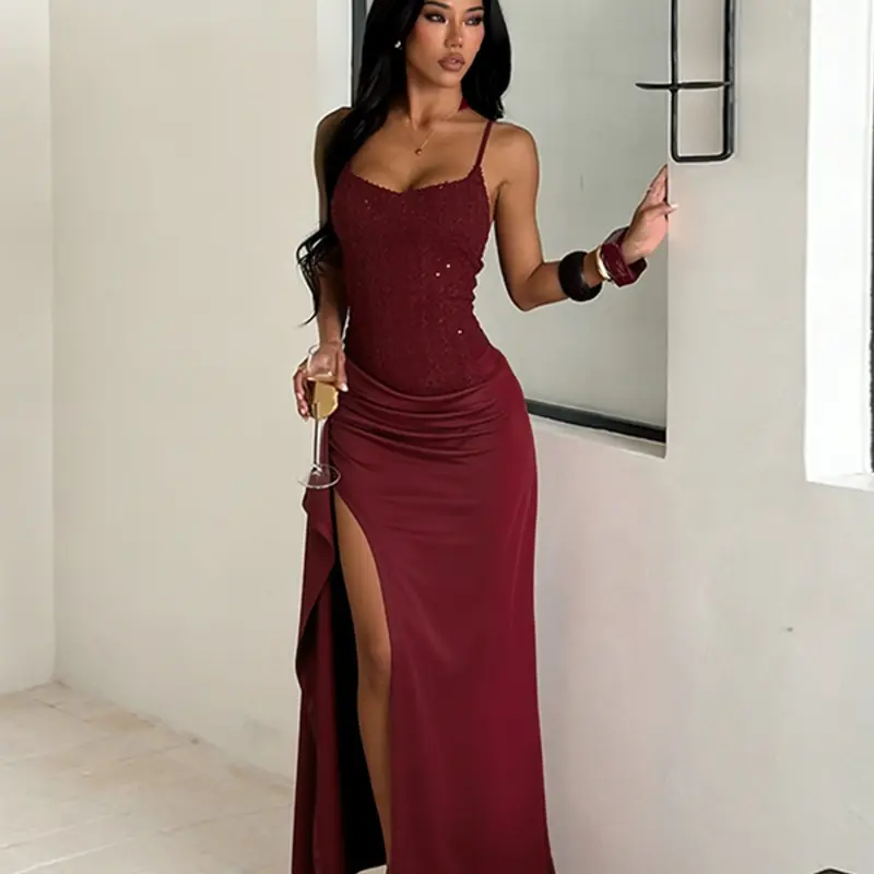 Two‑Piece Split Outfit Sparkly Rhinestone Textured Camisole Top + Draped High‑Slit Long Skirt, Satin Formal Elegance Maxi Dress, Wedding Guest Prom Evening Party Outfi