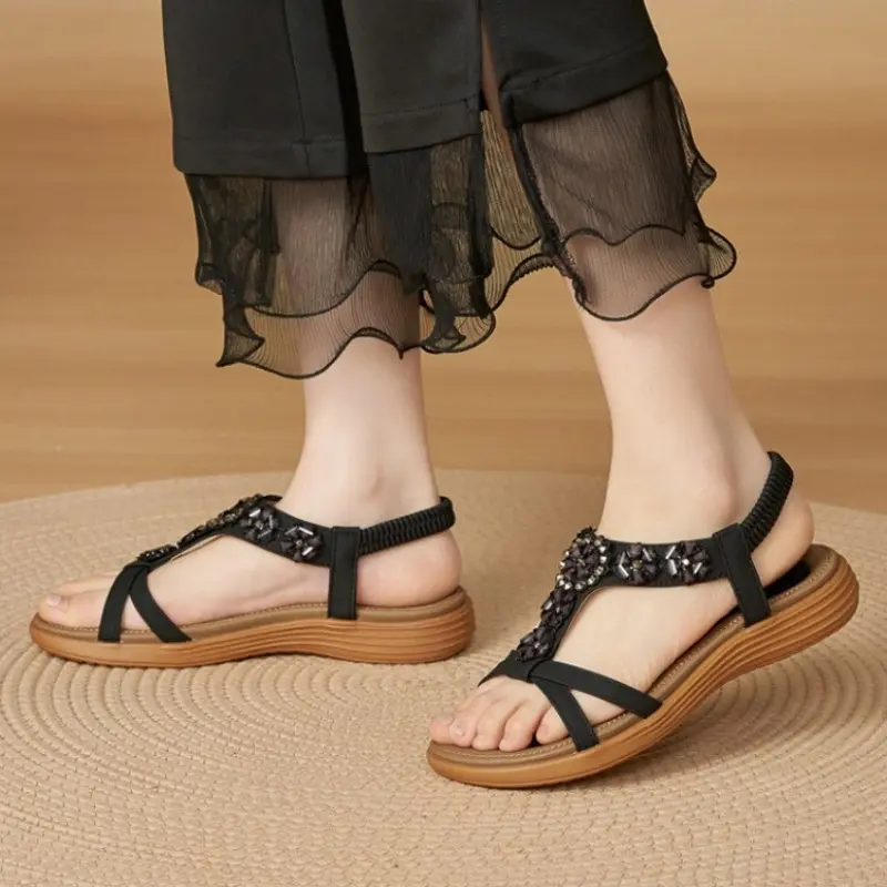 Women's Boho Floral T-Strap Low Wedge Sandals - Casual PU Leather Open Toe Slip-Ons with Lightweight Elastic Ankle Band, Retro Footwear, Slip On