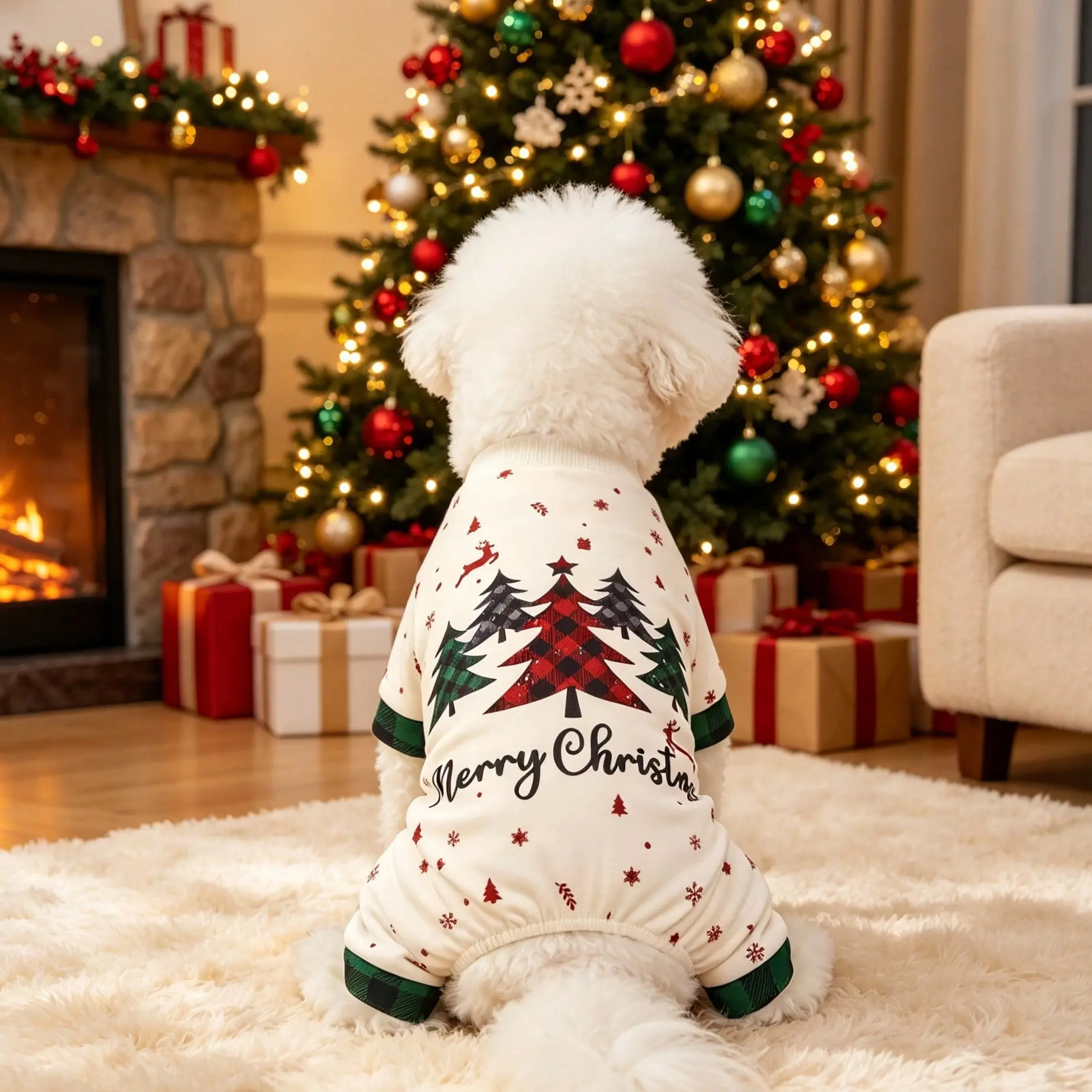 Christmas Dog Pajamas Jumpsuit Pet Clothes, Cute Merry Christmas Letter and Plaid Christmas Tree Print Puppy Four-Leg Sleepwear with Reindeer Snowflakes Graphics Green Plaid Trim Cat Apparel Outfit, Warm Winter Xmas Holiday Costume For Small Medium Large